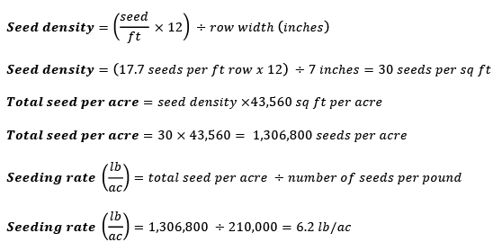 Seed density = (seed per foot x 12) divided by row width (inches). Seed density = (17.7 seeds per ft row x 12) divided by 7 inches = 30 seeds per sq ft. Total seed per acre = seed density x 43,560 sq ft per acre. Total seed per acre = 30 x 43,560 = 1,306,800 seeds per acre. Seeding rate (lb per acre) = total seed per acre divided by number of seeds per pound. Seeding rate = 1,306,800 divided by 210,000 = 6.2 lb per acre.