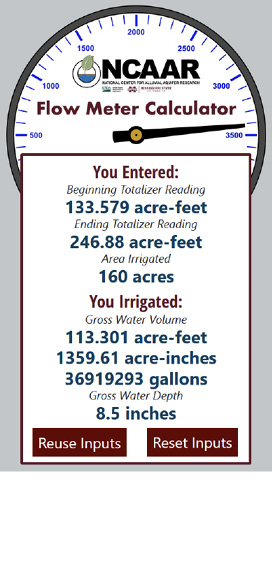 By using the NCAAR Flow Meter Calculator for the example scenario, the gross water volume was calculated to be 113.301 acre-feet or 1359.61 acre-inches or 36919293 gallons, while the gross water depth was calculated to be 8.5 inches.