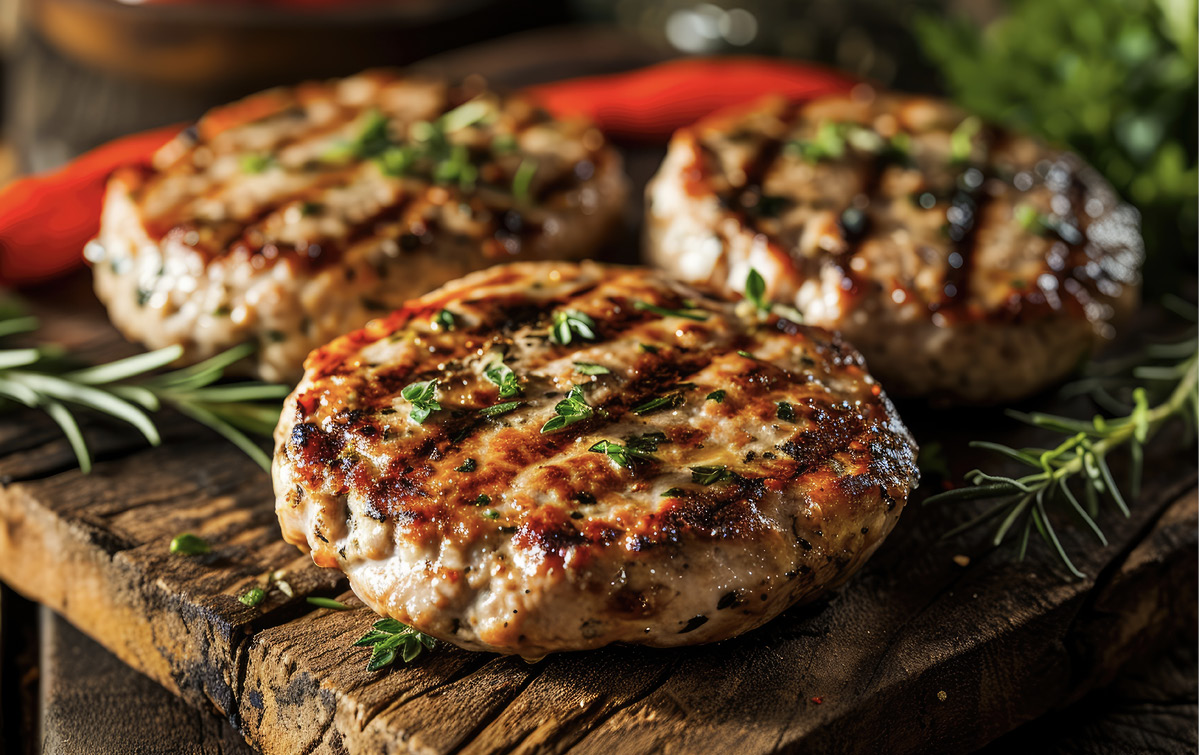 Grilled turkey patties dressed with herbs are on a cutting board.