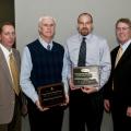 Two Mississippi State University agricultural division employees were recently honored for service and career achievement. From left are award sponsor representative Michael Barnes of Southern Ag Credit; Peter Ryan, recipient of the 2009 MAFES Excellence in Research Award; John Anderson, recipient of the 2009 Outstanding Extension Worker Award; and award sponsor representative Bill Cook of the Land Bank of North Mississippi. (Photo by Scott Corey)