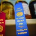 a red and blue ribbon from the Neshoba County Fair