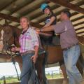 A girl on a brown horse led by a woman and man.