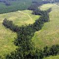 Aerial view of fields with a tree-lined creek running through the middle.